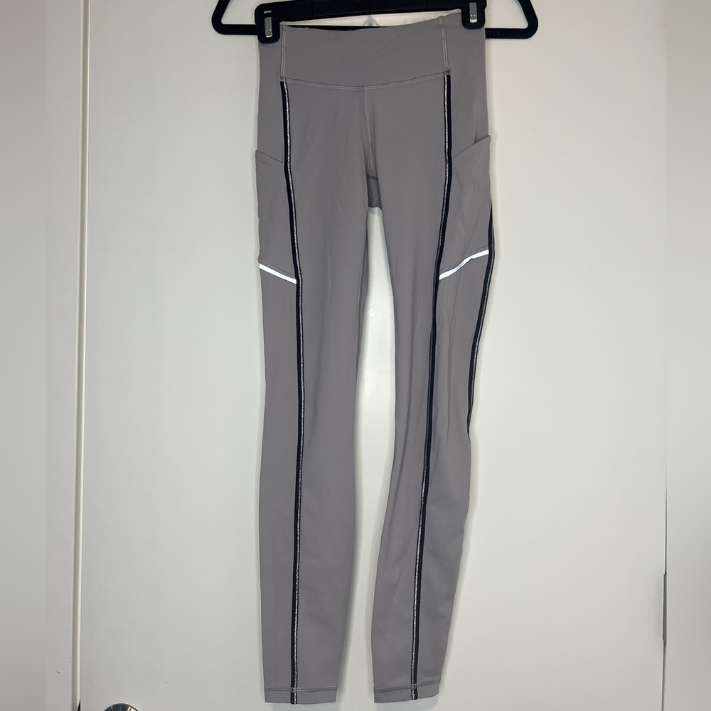 Gray/ Lavender lululemon Leggings with side pockets and Black & Sparkle Stripes